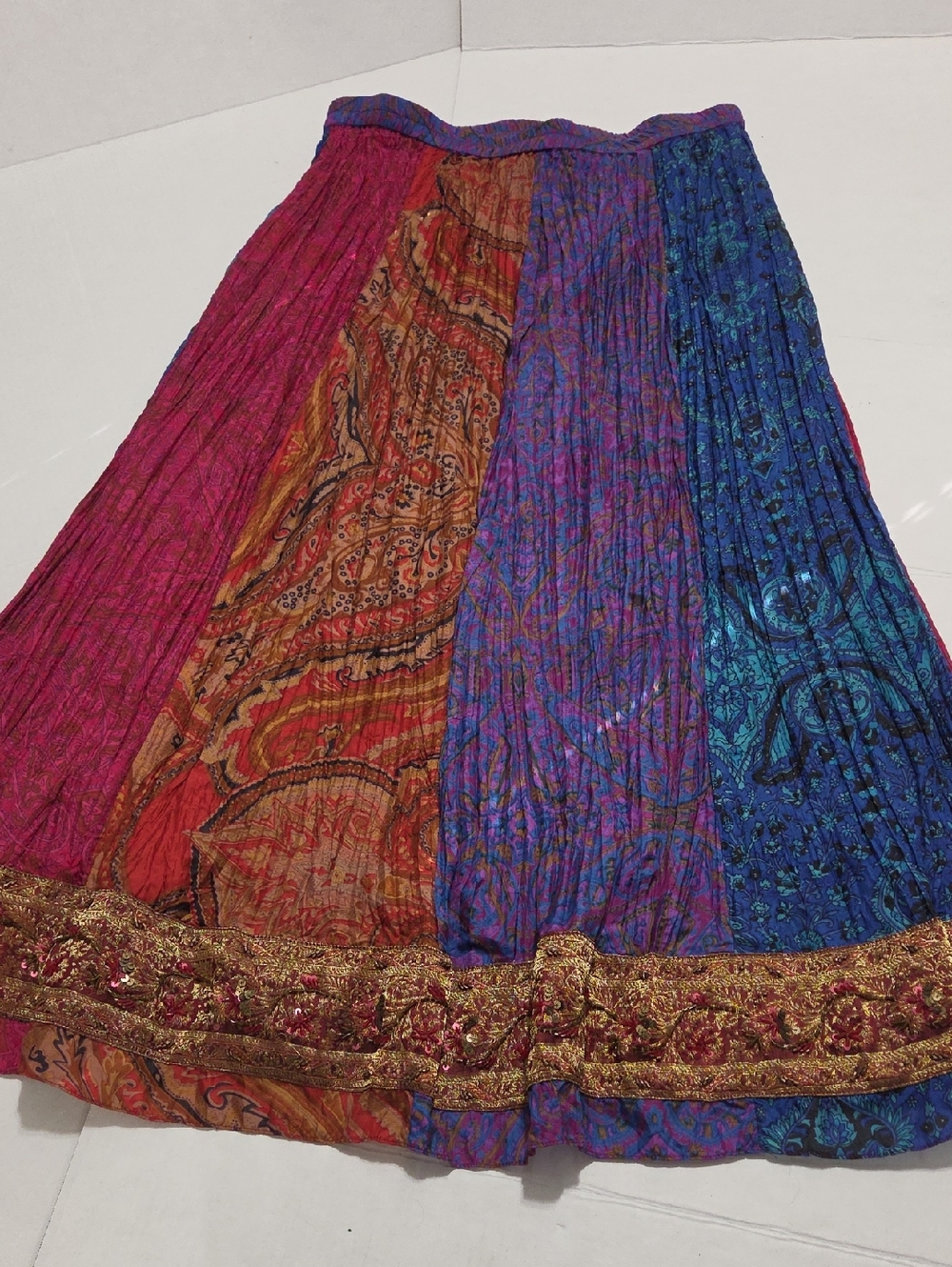 Chico's Multicolor Patchwork Maxi Skirt with Gold Trim 100% Silk Exterior!